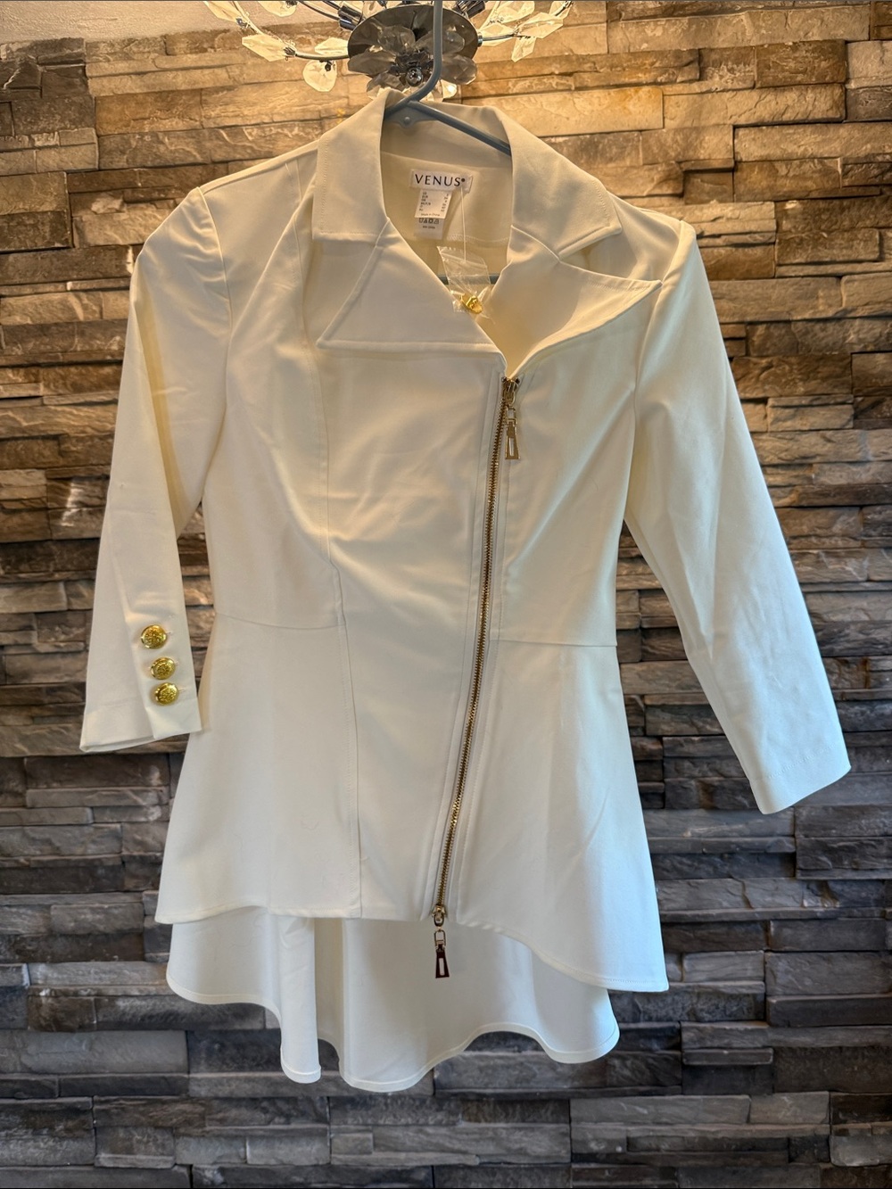 VENUS Cream Asymmetric Zip Peplum Blazer with Gold Hardware